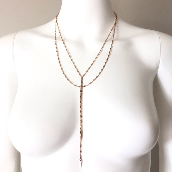 Gold Tone Double Chain Drop Lariat Necklace - Picture 3 of 10